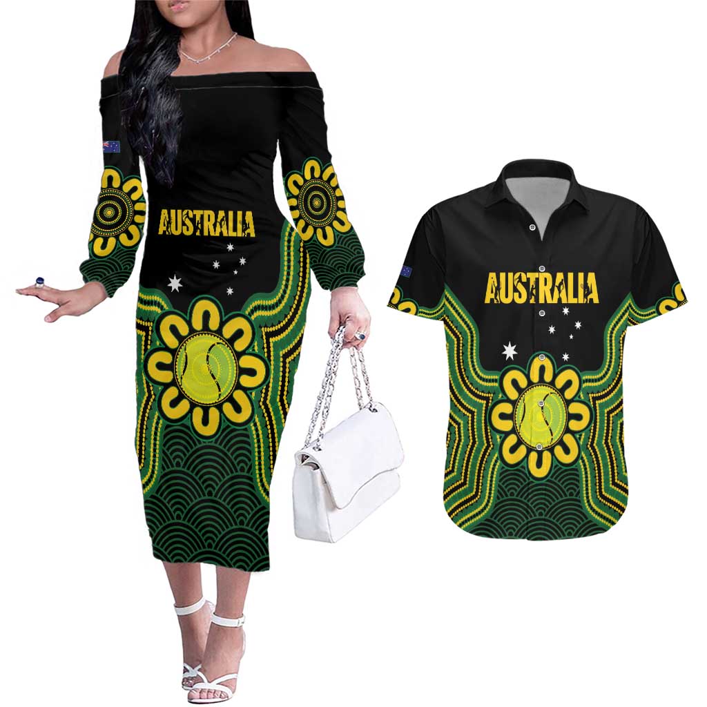 Personalised Australia Tennis Couples Matching Off The Shoulder Long Sleeve Dress and Hawaiian Shirt Go Aussie Aboriginal Art - Aussie Hoodie