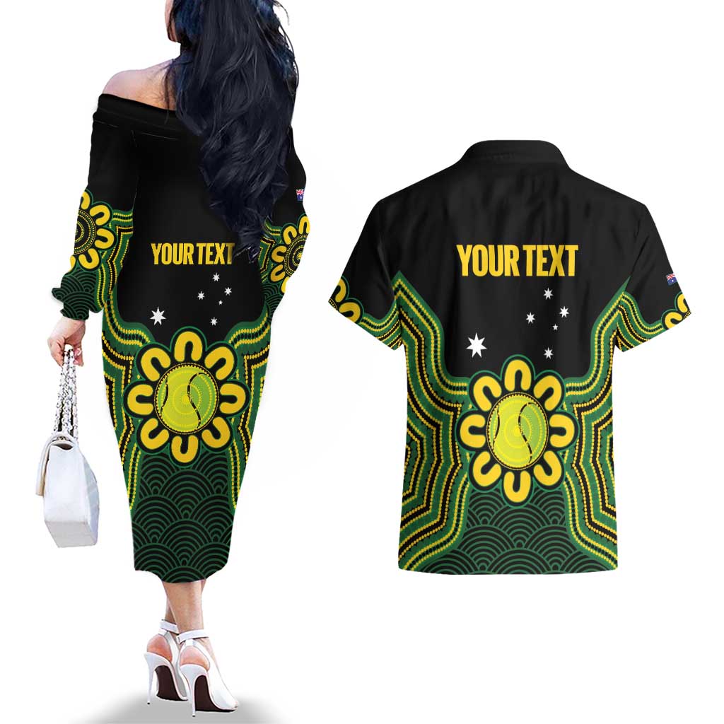 Personalised Australia Tennis Couples Matching Off The Shoulder Long Sleeve Dress and Hawaiian Shirt Go Aussie Aboriginal Art - Aussie Hoodie