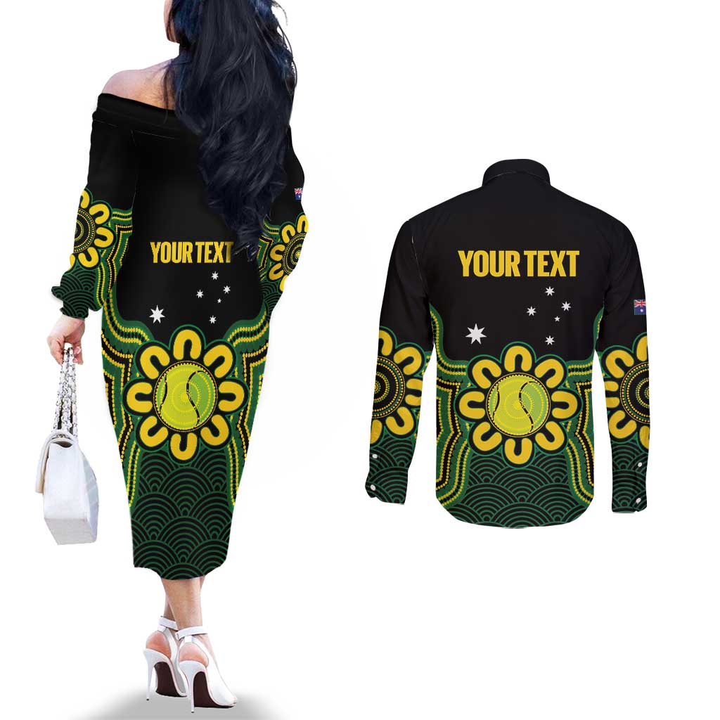 Personalised Australia Tennis Couples Matching Off The Shoulder Long Sleeve Dress and Long Sleeve Button Shirt Go Aussie Aboriginal Art - Aussie Hoodie