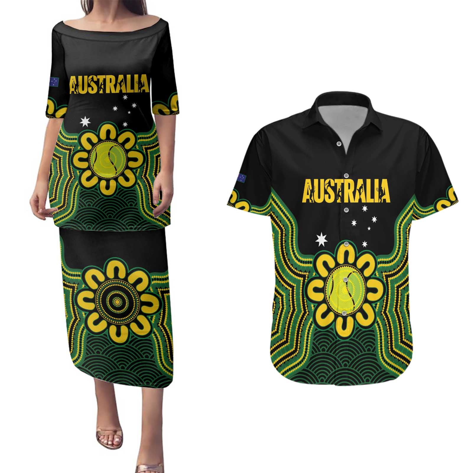 Personalised Australia Tennis Couples Matching Puletasi and Hawaiian Shirt Go Aussie Aboriginal Art - Aussie Hoodie