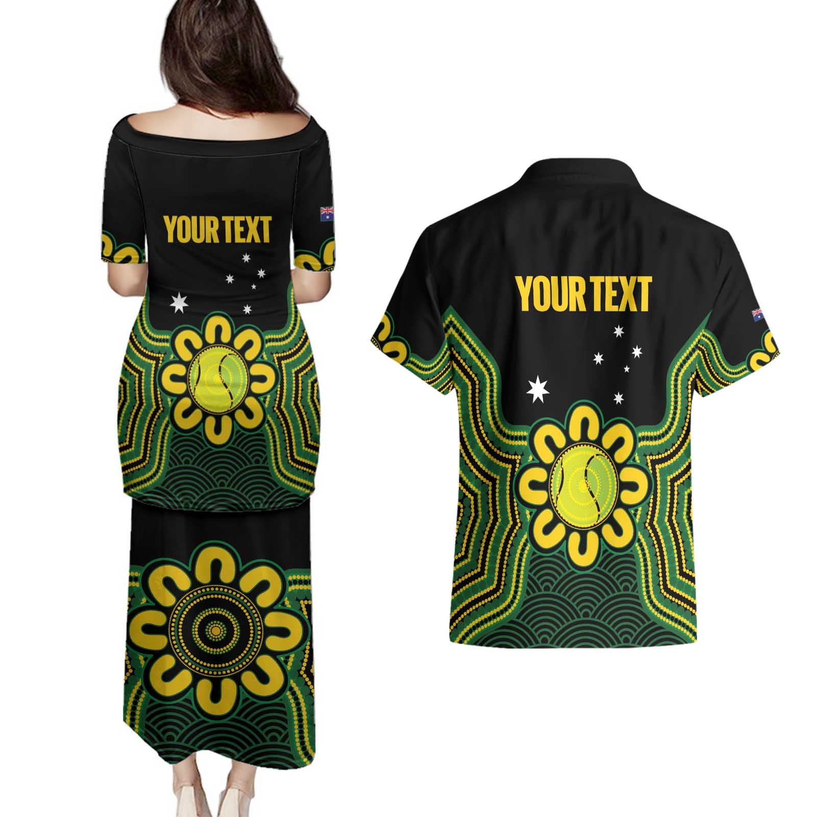 Personalised Australia Tennis Couples Matching Puletasi and Hawaiian Shirt Go Aussie Aboriginal Art - Aussie Hoodie