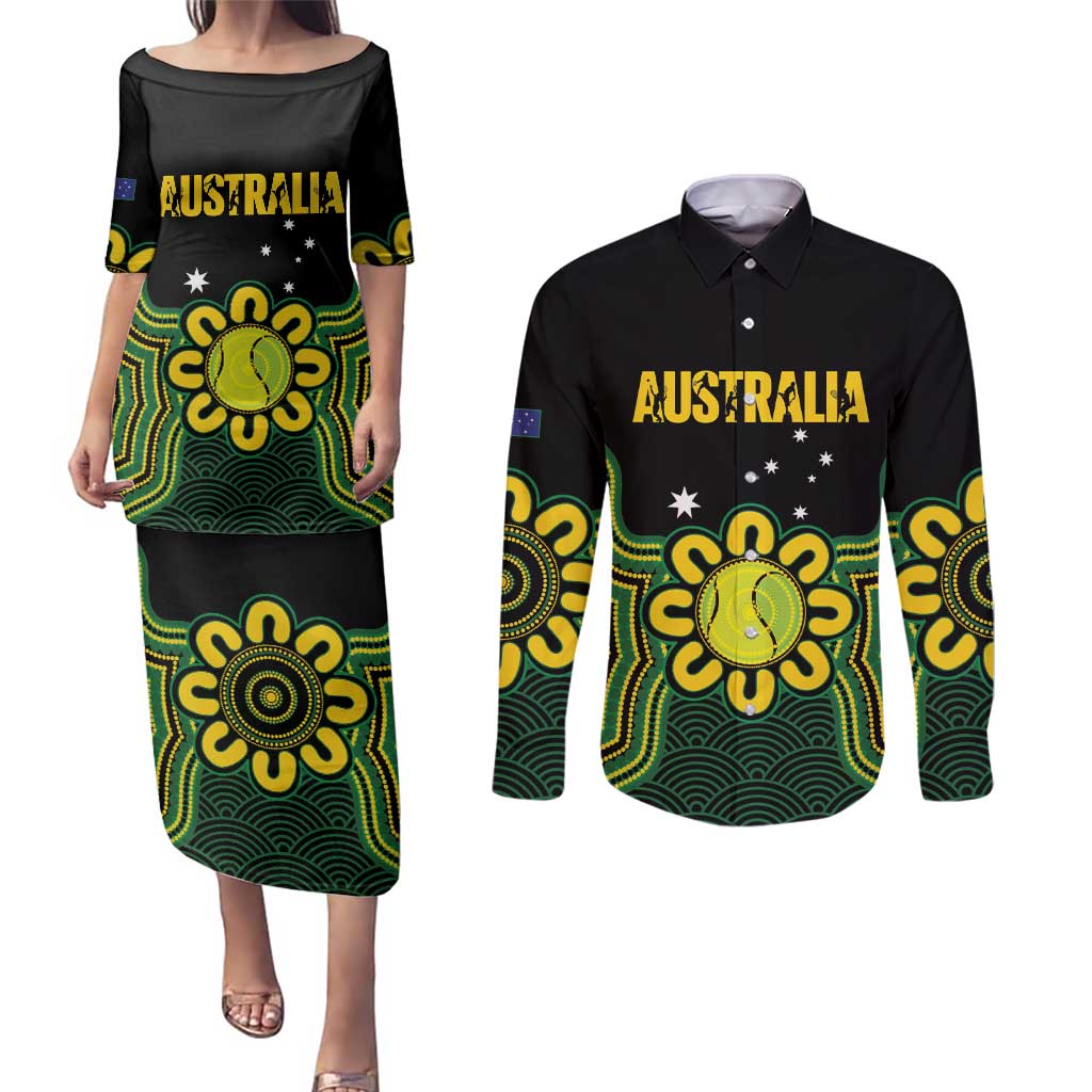 Personalised Australia Tennis Couples Matching Puletasi and Long Sleeve Button Shirt Go Aussie Aboriginal Art - Aussie Hoodie
