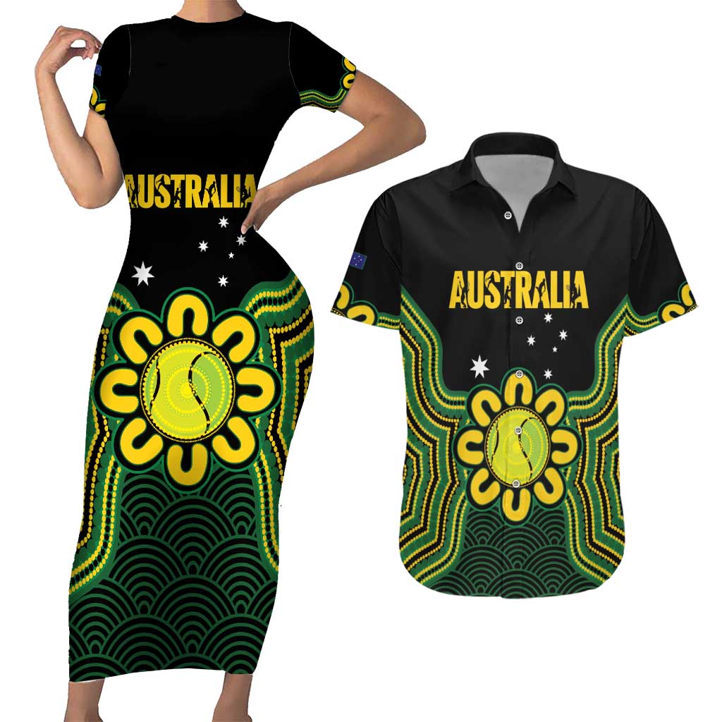 Personalised Australia Tennis Couples Matching Short Sleeve Bodycon Dress and Hawaiian Shirt Go Aussie Aboriginal Art - Aussie Hoodie