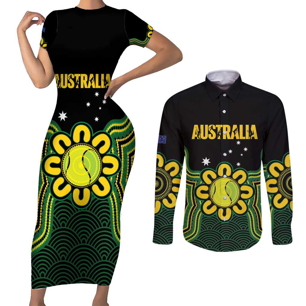 Personalised Australia Tennis Couples Matching Short Sleeve Bodycon Dress and Long Sleeve Button Shirt Go Aussie Aboriginal Art - Aussie Hoodie