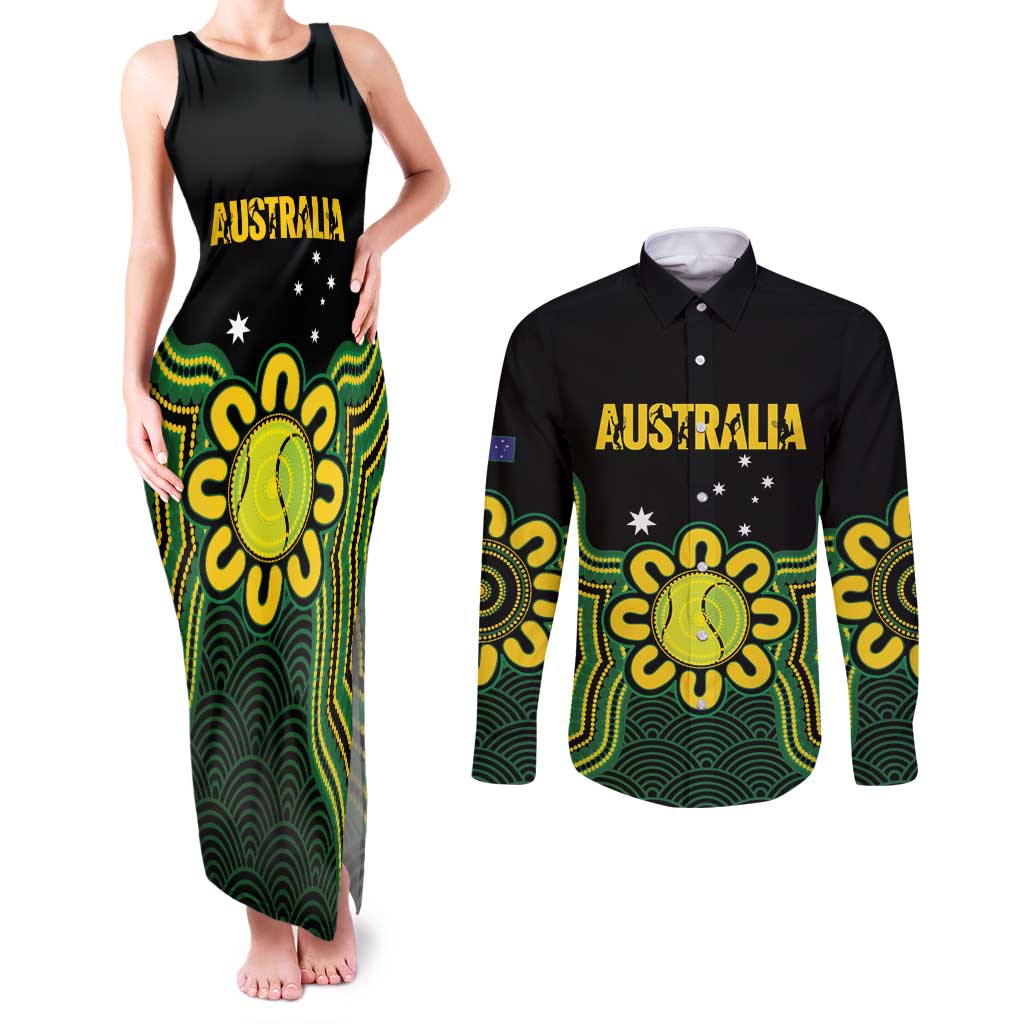 Personalised Australia Tennis Couples Matching Tank Maxi Dress and Long Sleeve Button Shirt Go Aussie Aboriginal Art - Aussie Hoodie