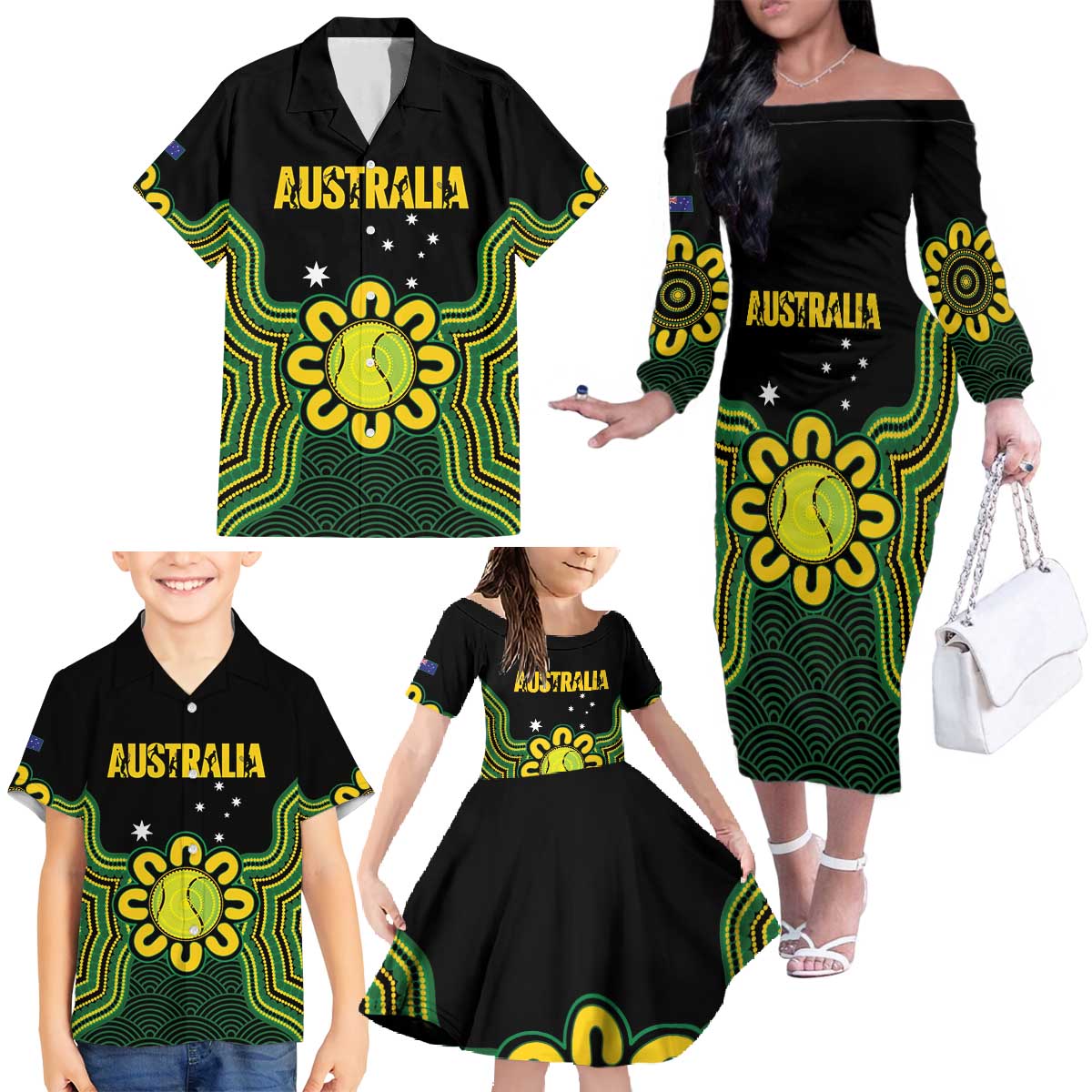 Personalised Australia Tennis Family Matching Off The Shoulder Long Sleeve Dress and Hawaiian Shirt Go Aussie Aboriginal Art - Aussie Hoodie