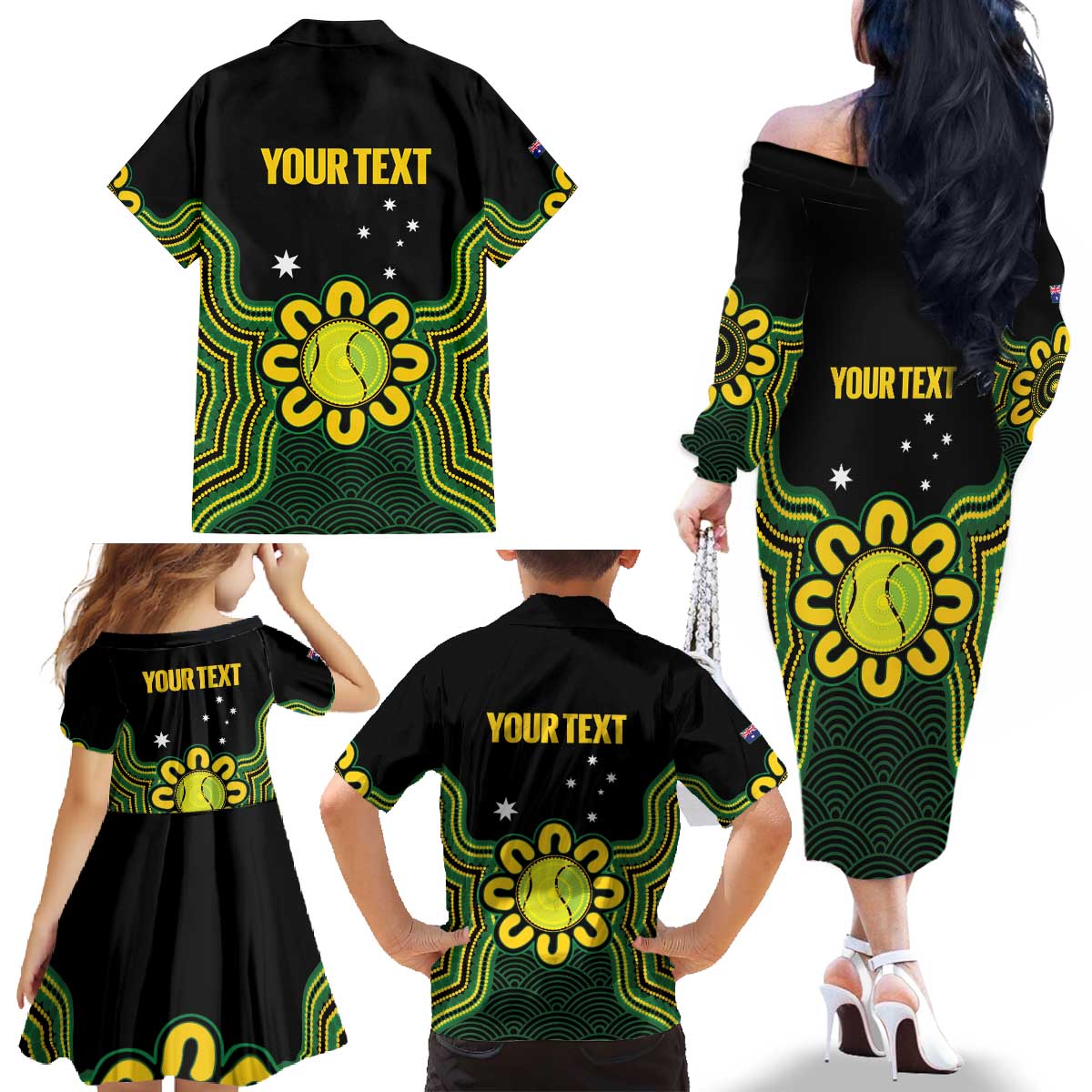 Personalised Australia Tennis Family Matching Off The Shoulder Long Sleeve Dress and Hawaiian Shirt Go Aussie Aboriginal Art - Aussie Hoodie