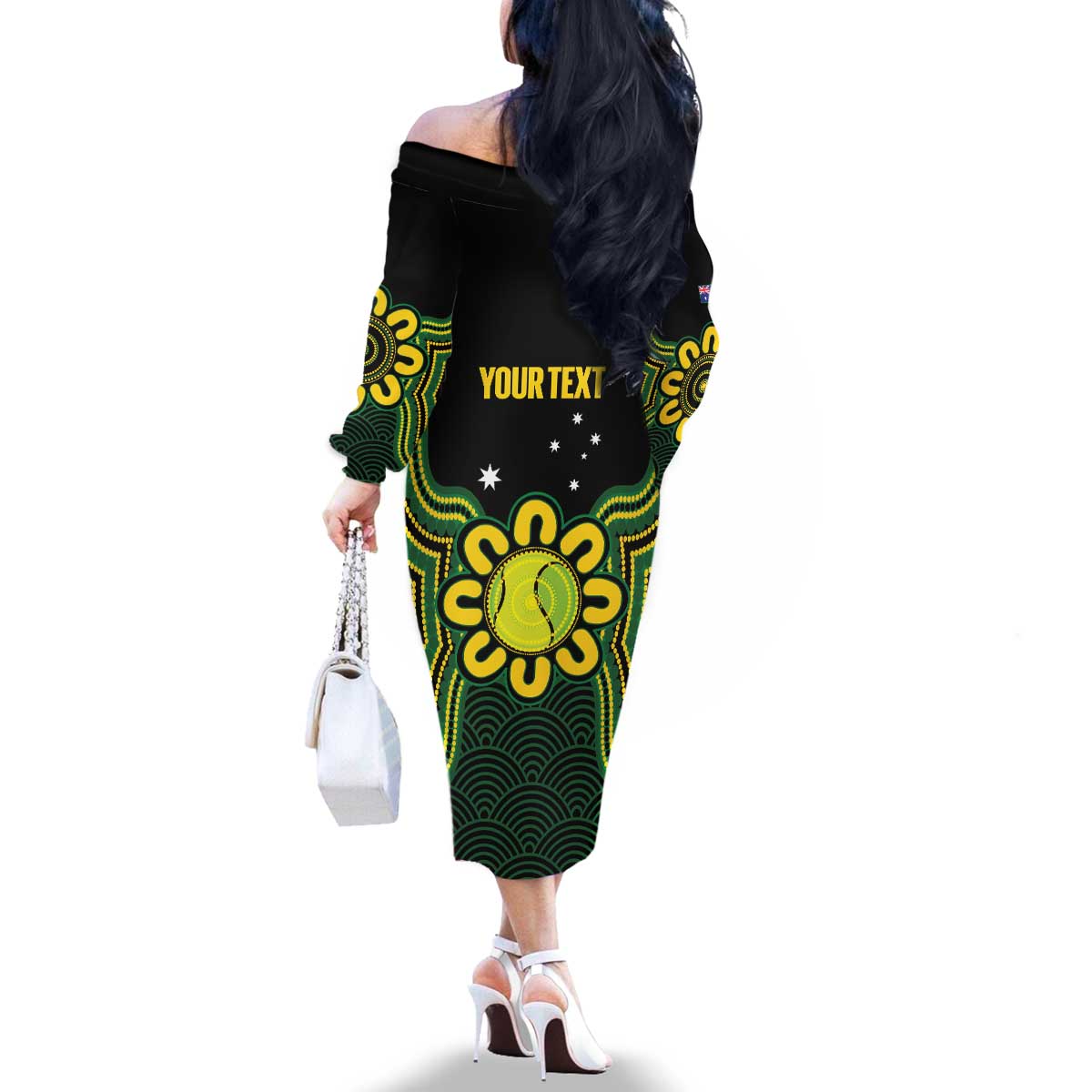 Personalised Australia Tennis Family Matching Off The Shoulder Long Sleeve Dress and Hawaiian Shirt Go Aussie Aboriginal Art - Aussie Hoodie