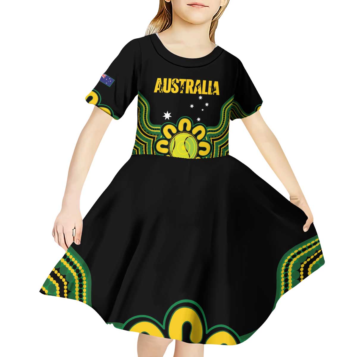 Personalised Australia Tennis Kid Short Sleeve Dress Go Aussie Aboriginal Art - Aussie Hoodie