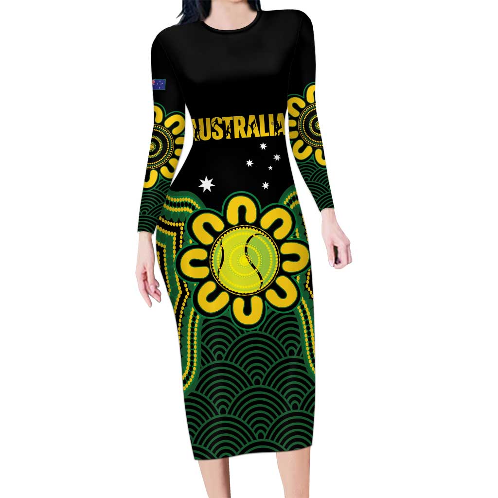 Personalised Australia Tennis Long Sleeve Bodycon Dress Go Aussie Aboriginal Art - Aussie Hoodie