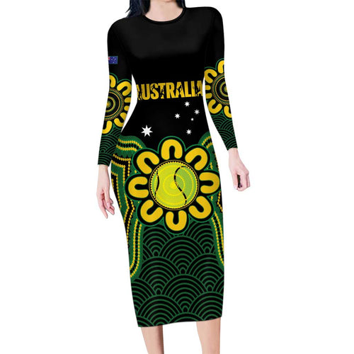 Personalised Australia Tennis Long Sleeve Bodycon Dress Go Aussie Aboriginal Art - Aussie Hoodie