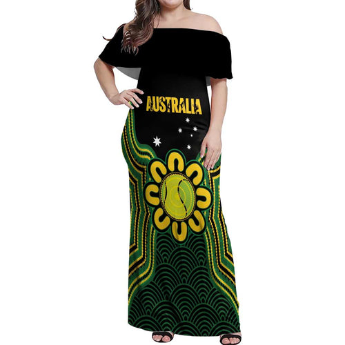 Personalised Australia Tennis Off Shoulder Maxi Dress Go Aussie Aboriginal Art - Aussie Hoodie
