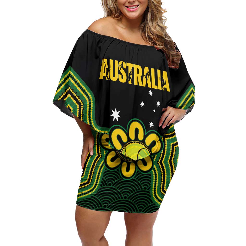 Personalised Australia Tennis Off Shoulder Short Dress Go Aussie Aboriginal Art - Aussie Hoodie