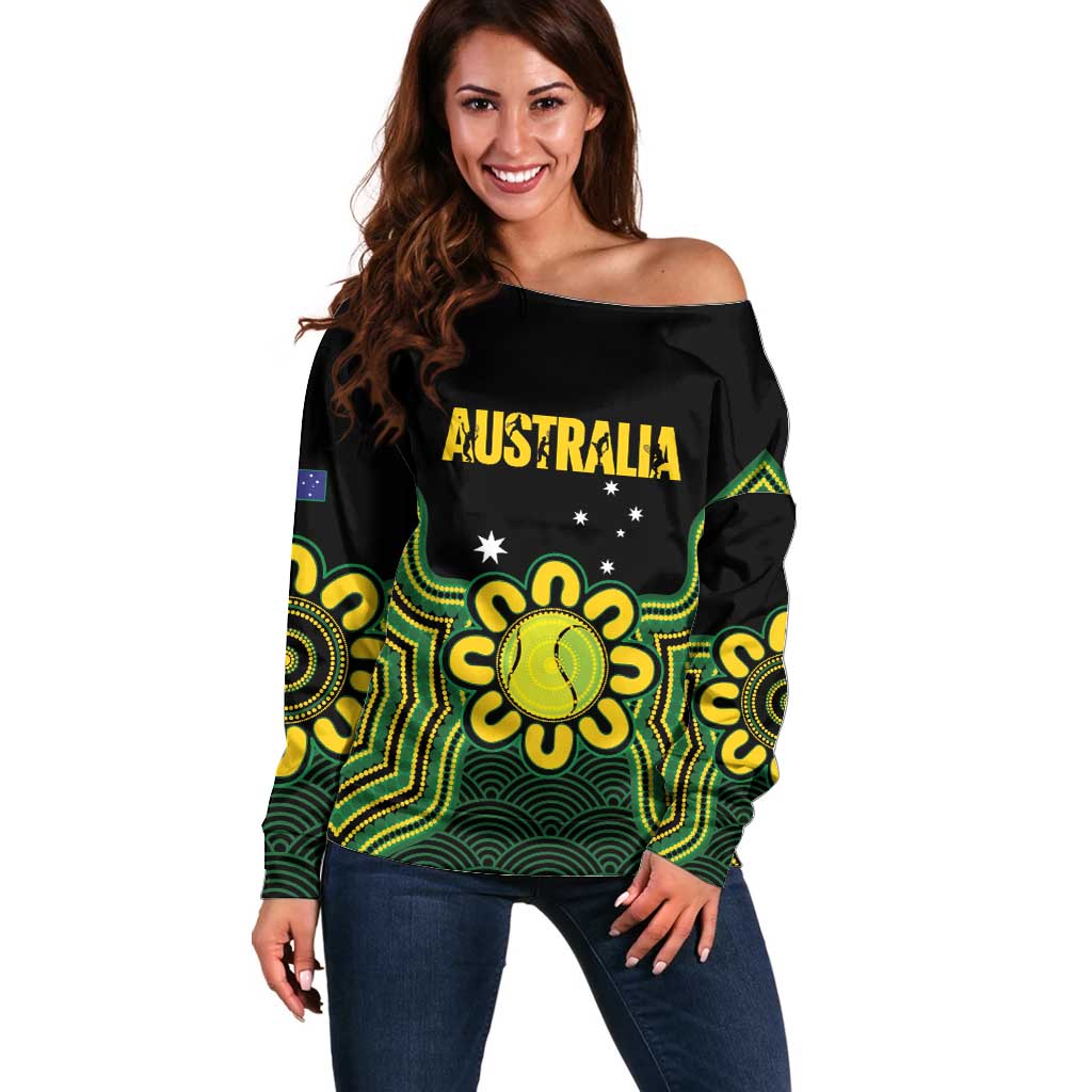 Personalised Australia Tennis Off Shoulder Sweater Go Aussie Aboriginal Art - Aussie Hoodie