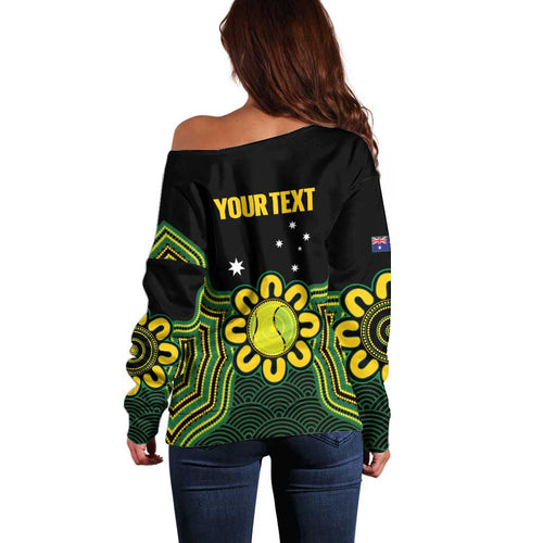 Personalised Australia Tennis Off Shoulder Sweater Go Aussie Aboriginal Art - Aussie Hoodie