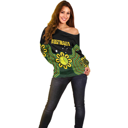 Personalised Australia Tennis Off Shoulder Sweater Go Aussie Aboriginal Art - Aussie Hoodie
