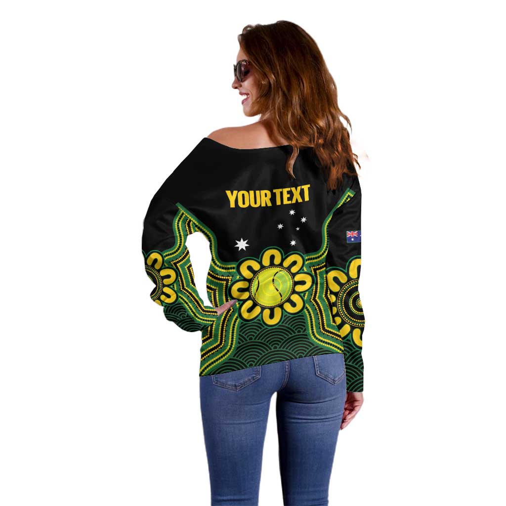 Personalised Australia Tennis Off Shoulder Sweater Go Aussie Aboriginal Art - Aussie Hoodie