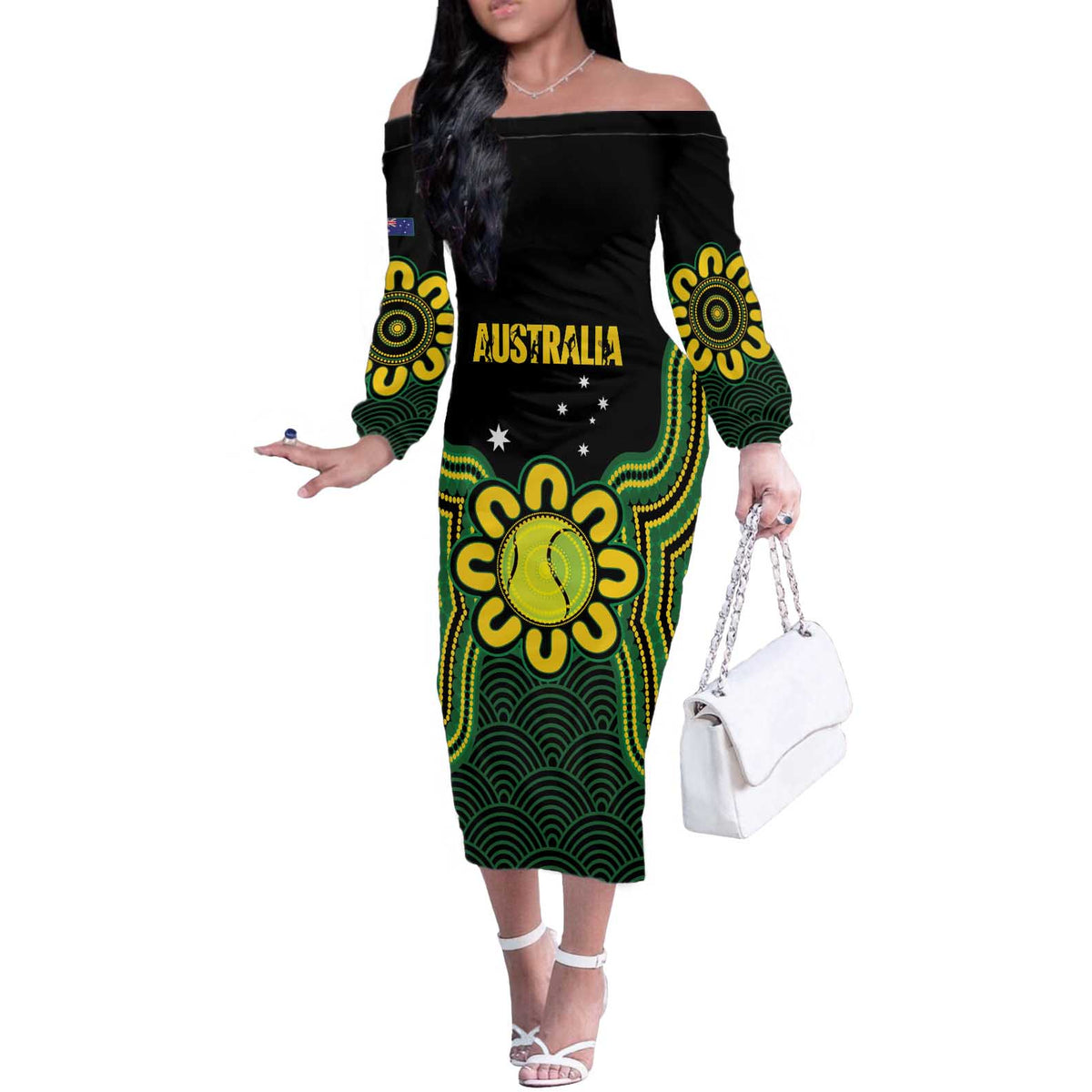 Personalised Australia Tennis Off The Shoulder Long Sleeve Dress Go Aussie Aboriginal Art - Aussie Hoodie