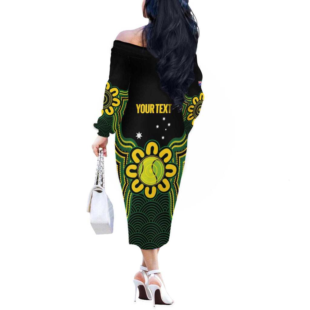 Personalised Australia Tennis Off The Shoulder Long Sleeve Dress Go Aussie Aboriginal Art - Aussie Hoodie