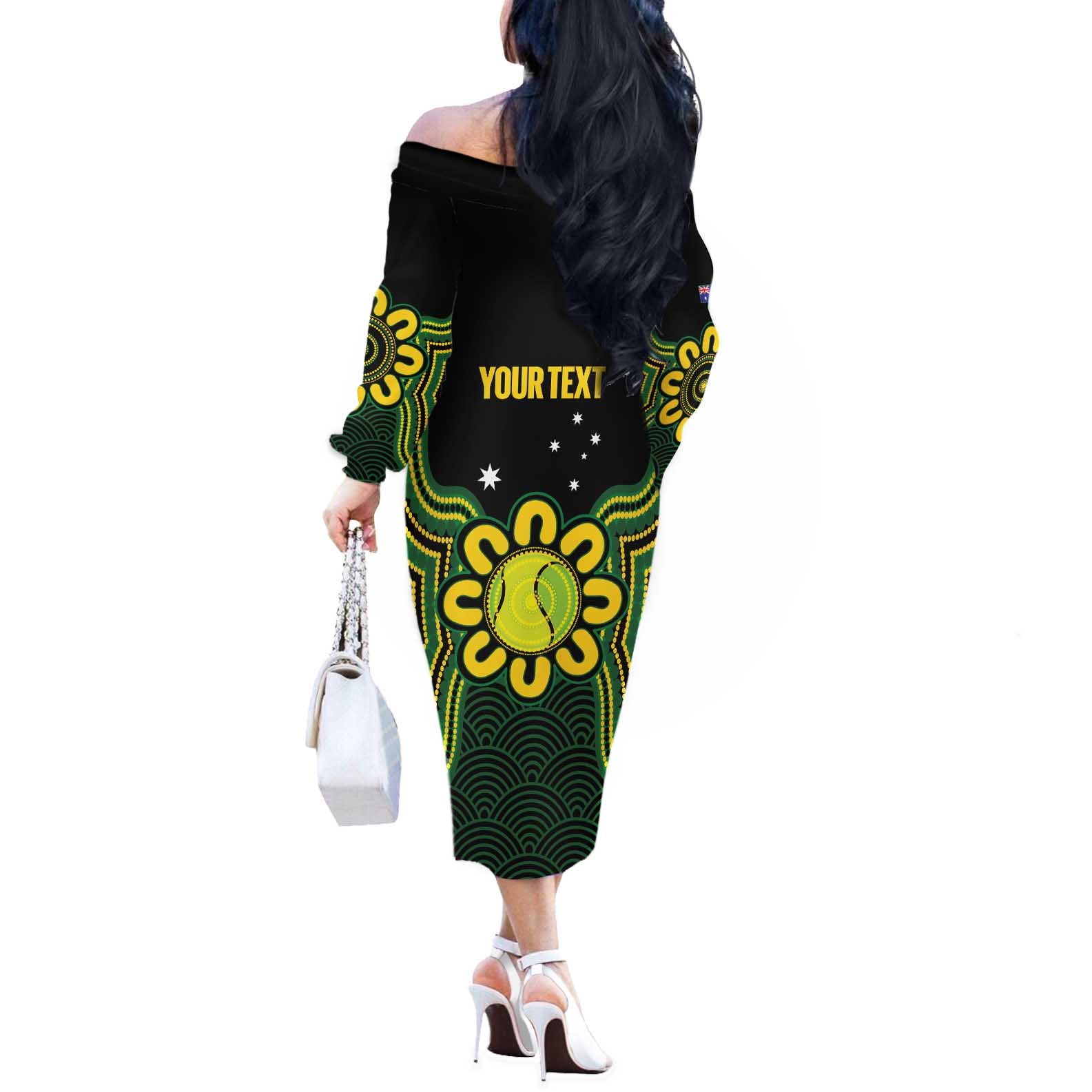 Personalised Australia Tennis Off The Shoulder Long Sleeve Dress Go Aussie Aboriginal Art - Aussie Hoodie