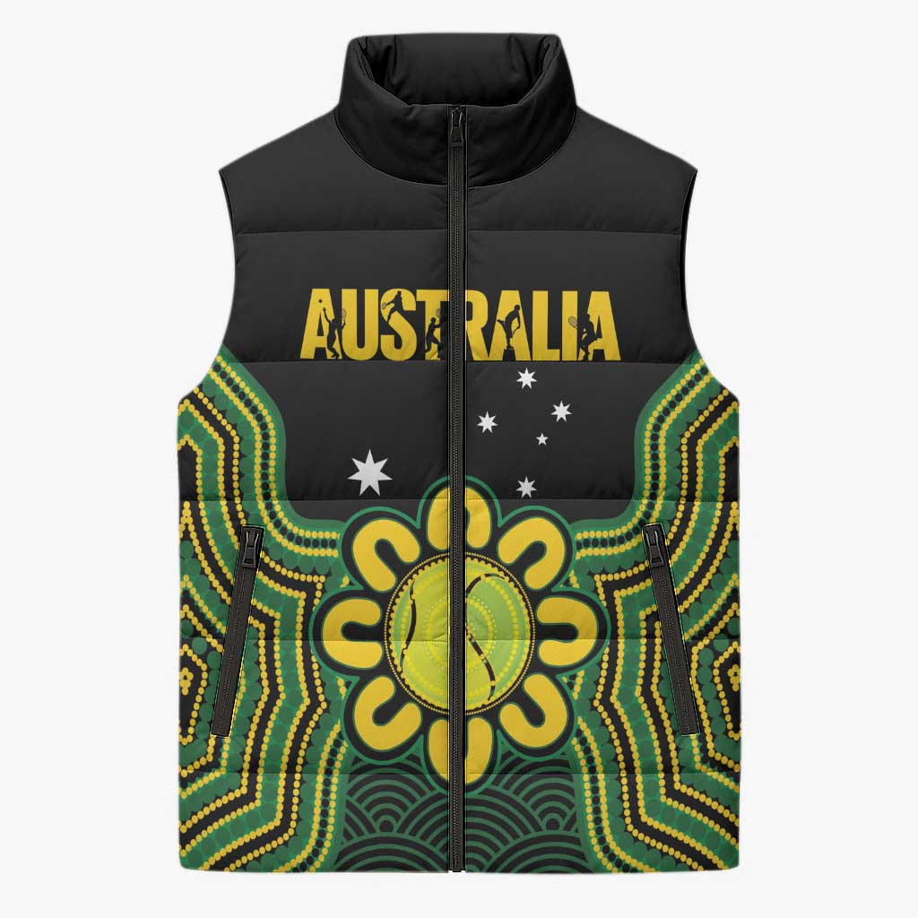 Personalised Australia Tennis Sleeveless Puffer Jacket Go Aussie Aboriginal Art - Aussie Hoodie