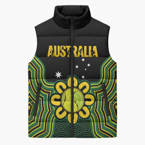 Personalised Australia Tennis Sleeveless Puffer Jacket Go Aussie Aboriginal Art - Aussie Hoodie