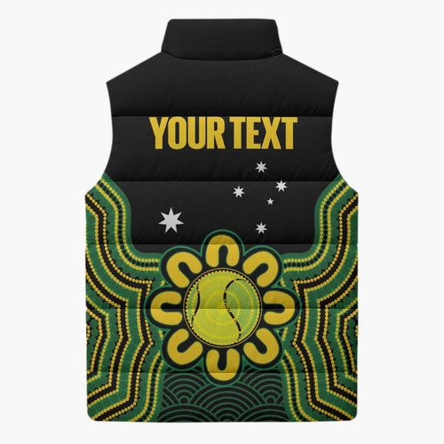 Personalised Australia Tennis Sleeveless Puffer Jacket Go Aussie Aboriginal Art - Aussie Hoodie