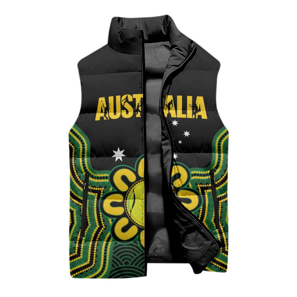 Personalised Australia Tennis Sleeveless Puffer Jacket Go Aussie Aboriginal Art - Aussie Hoodie