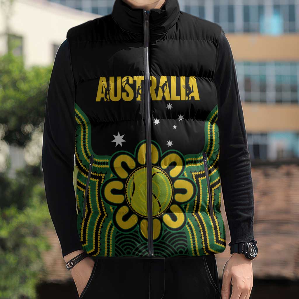 Personalised Australia Tennis Sleeveless Puffer Jacket Go Aussie Aboriginal Art - Aussie Hoodie