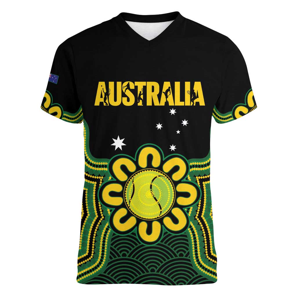 Personalised Australia Tennis Women V-Neck T-Shirt Go Aussie Aboriginal Art - Aussie Hoodie