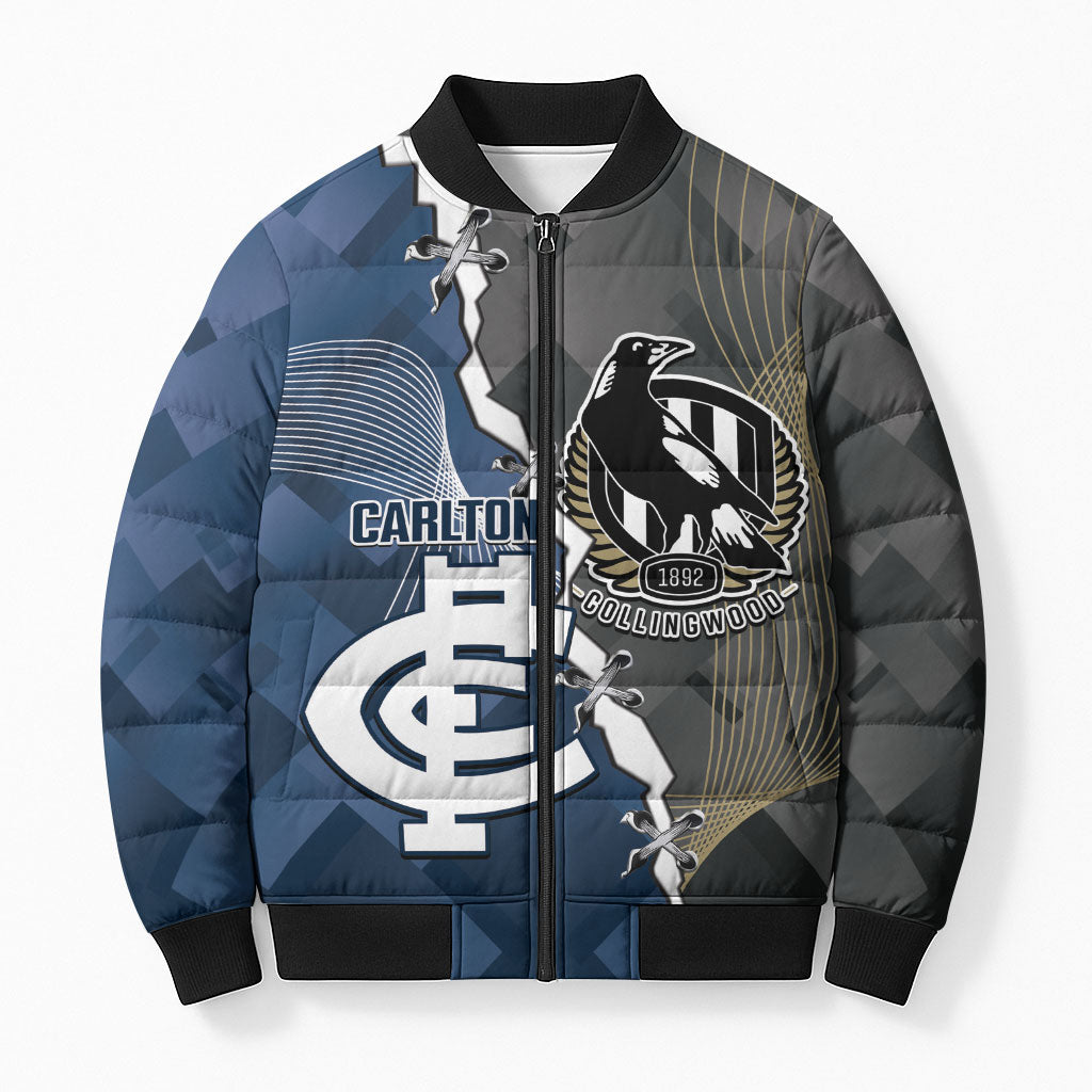Carlton Collingwood Football Personalised Bomber Puffer Jacket Blues Magpies Together Dynamic Style