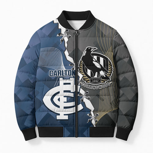 Carlton Collingwood Football Personalised Bomber Puffer Jacket Blues Magpies Together Dynamic Style