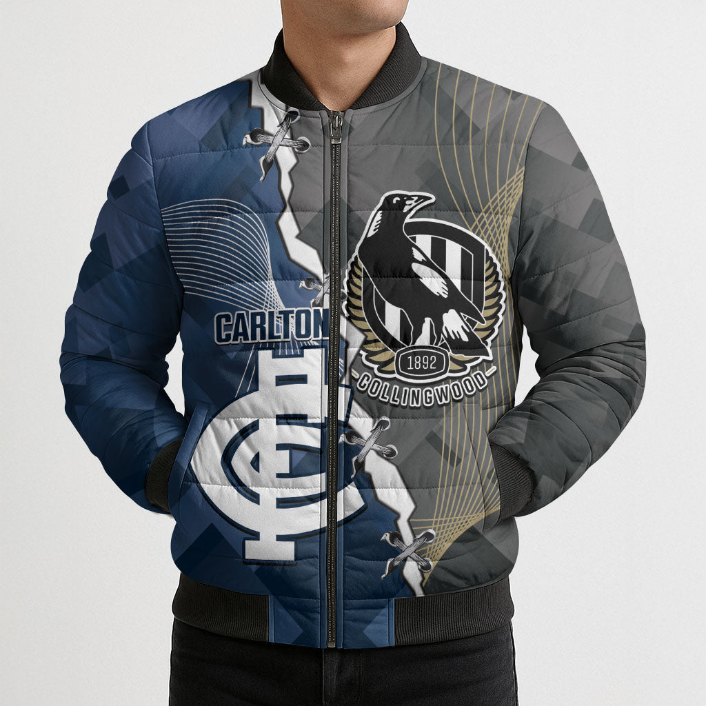 Carlton Collingwood Football Personalised Bomber Puffer Jacket Blues Magpies Together Dynamic Style