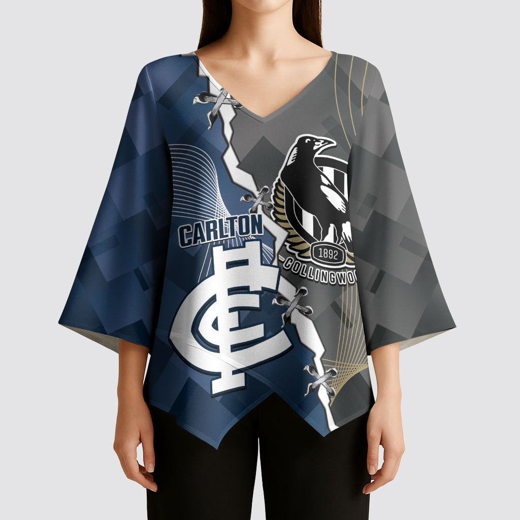 Carlton Collingwood Football Personalised Kimono Sleeve Blouse Blues Magpies Together Dynamic Style