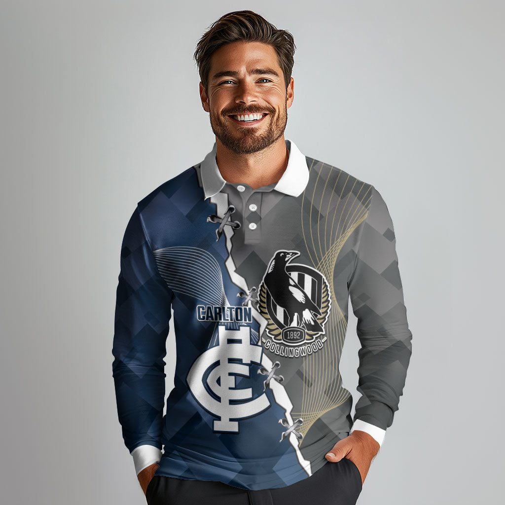 Carlton Collingwood Football Personalised Long Sleeve Polo Shirt Blues Magpies Together Dynamic Style