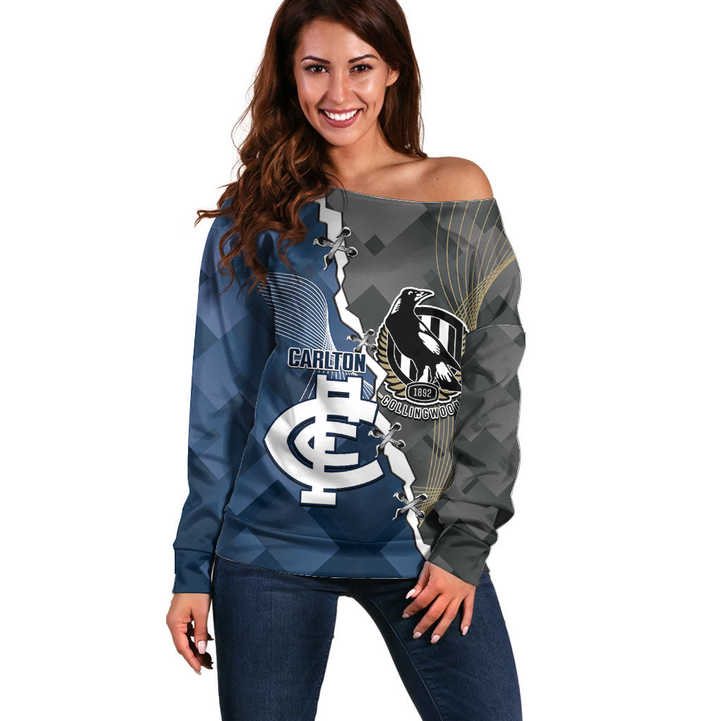 Carlton Collingwood Football Personalised Off Shoulder Sweater Blues Magpies Together Dynamic Style