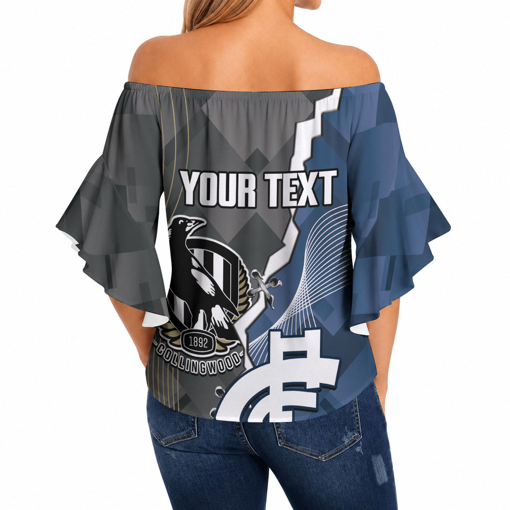 Carlton Collingwood Football Personalised Off Shoulder Wrap Waist Top Blues Magpies Together Dynamic Style