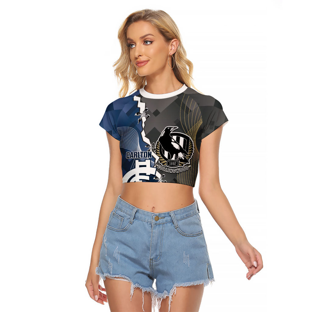 Carlton Collingwood Football Personalised Raglan Cropped T Shirt Blues Magpies Together Dynamic Style