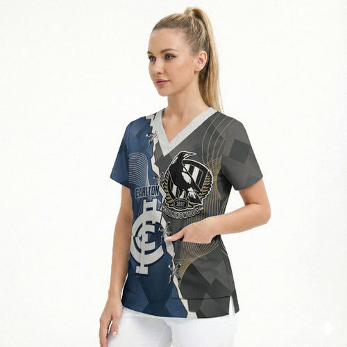 Carlton Collingwood Football Personalised Scrub Top Blues Magpies Together Dynamic Style