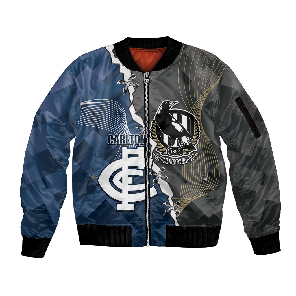 Carlton Collingwood Football Personalised Sleeve Zip Bomber Jacket Blues Magpies Together Dynamic Style