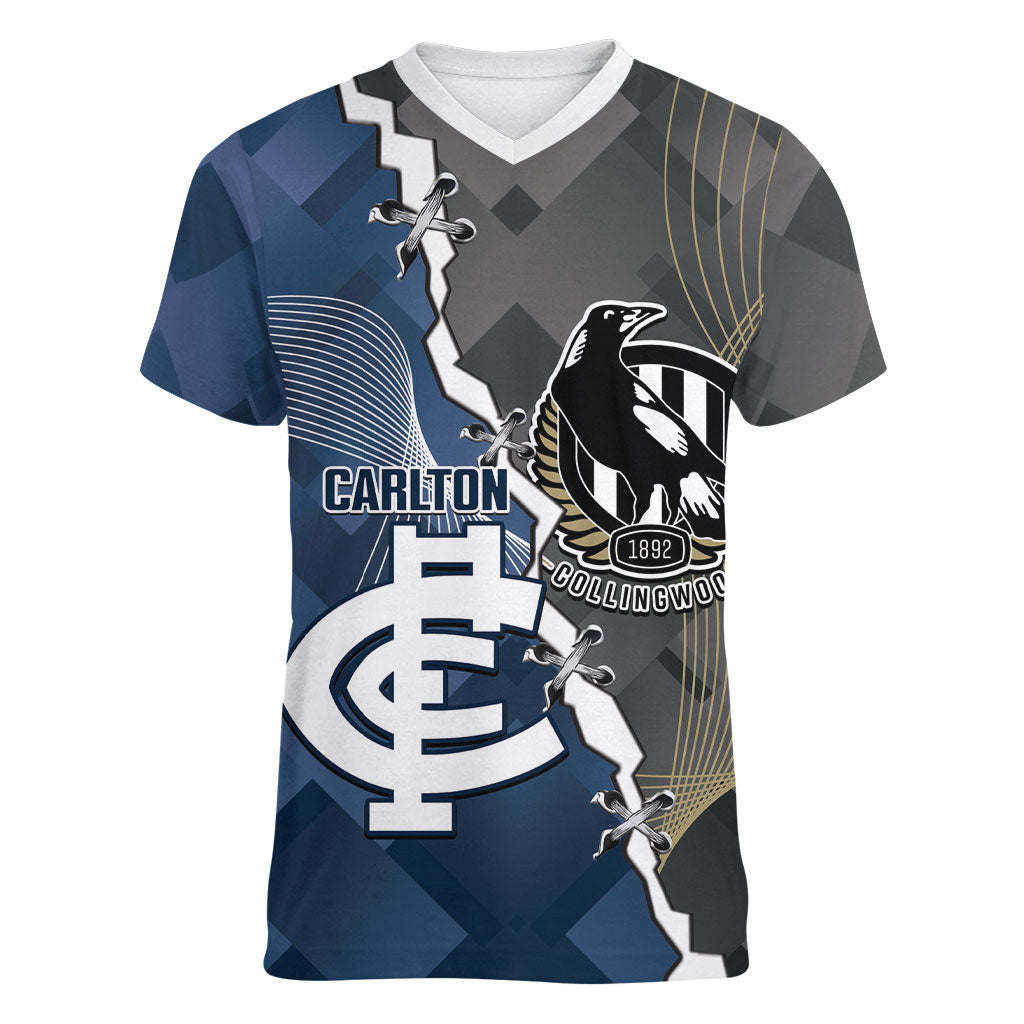 Carlton Collingwood Football Personalised Women V-Neck T-Shirt Blues Magpies Together Dynamic Style