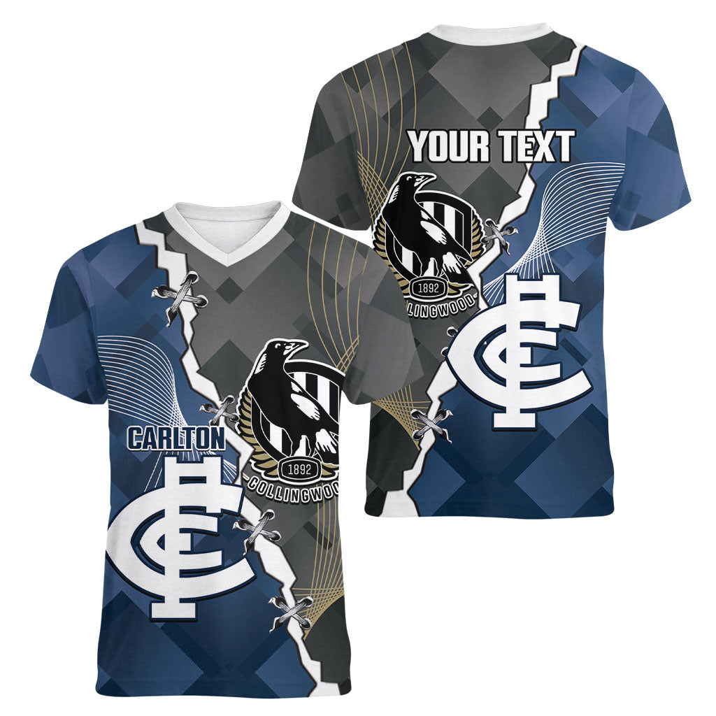 Carlton Collingwood Football Personalised Women V-Neck T-Shirt Blues Magpies Together Dynamic Style