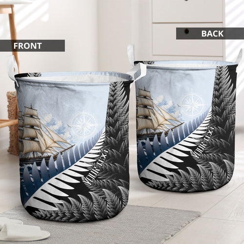 Personalised New Zealand Pakeha Laundry Basket Kiwi Silver Fern and Sailing Ship Compass