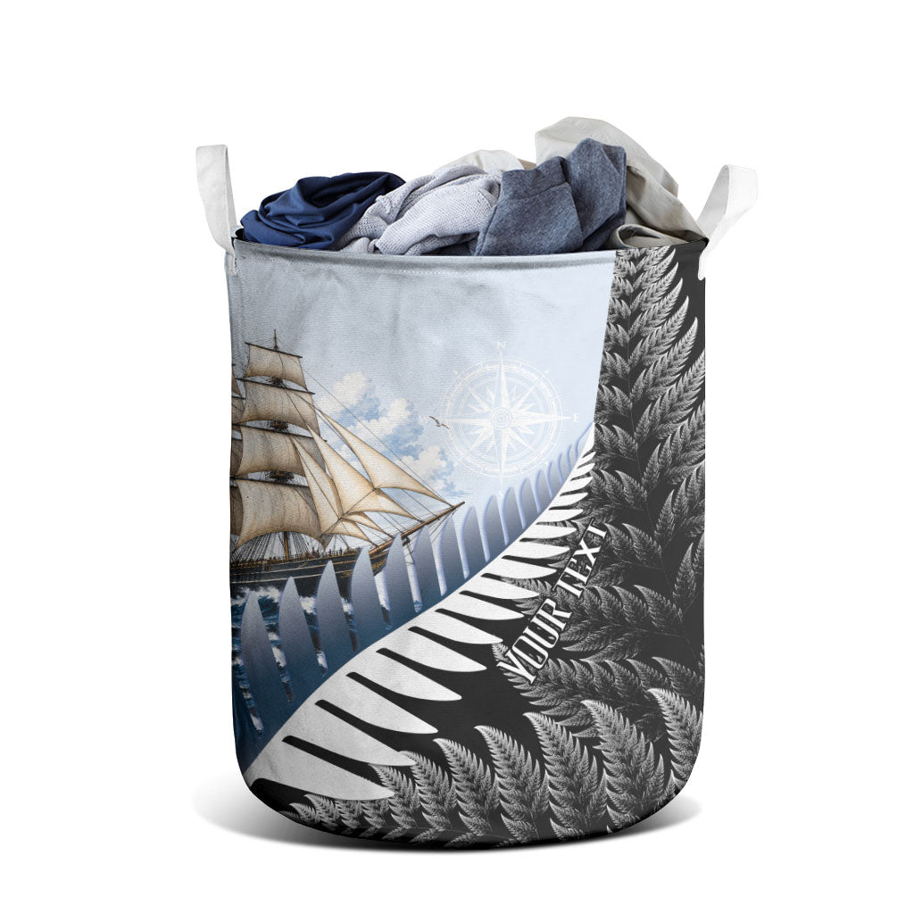 Personalised New Zealand Pakeha Laundry Basket Kiwi Silver Fern and Sailing Ship Compass