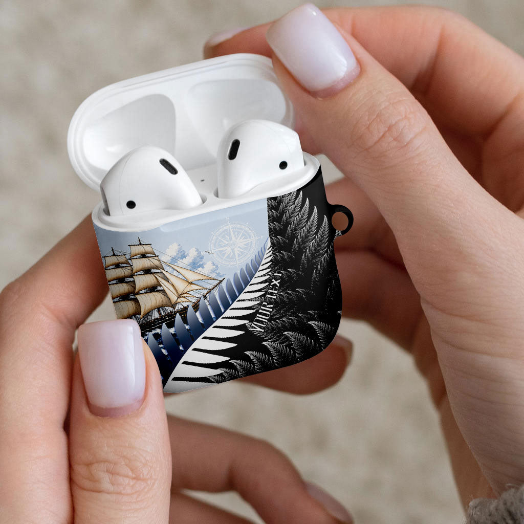 Personalised New Zealand Pakeha AirPods Case Kiwi Silver Fern and Sailing Ship Compass