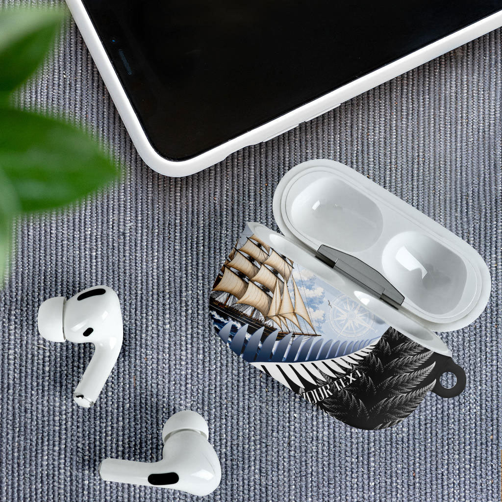 Personalised New Zealand Pakeha AirPods Case Kiwi Silver Fern and Sailing Ship Compass
