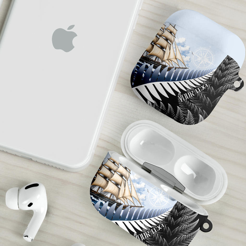 Personalised New Zealand Pakeha AirPods Case Kiwi Silver Fern and Sailing Ship Compass