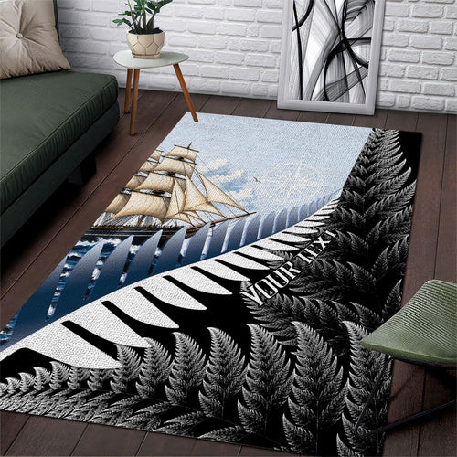 Personalised New Zealand Pakeha Area Rug Kiwi Silver Fern and Sailing Ship Compass