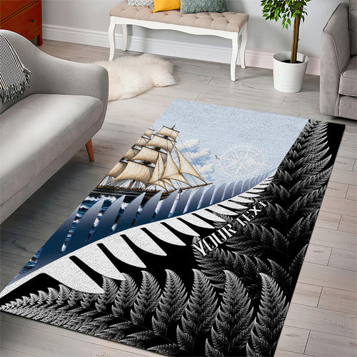 Personalised New Zealand Pakeha Area Rug Kiwi Silver Fern and Sailing Ship Compass