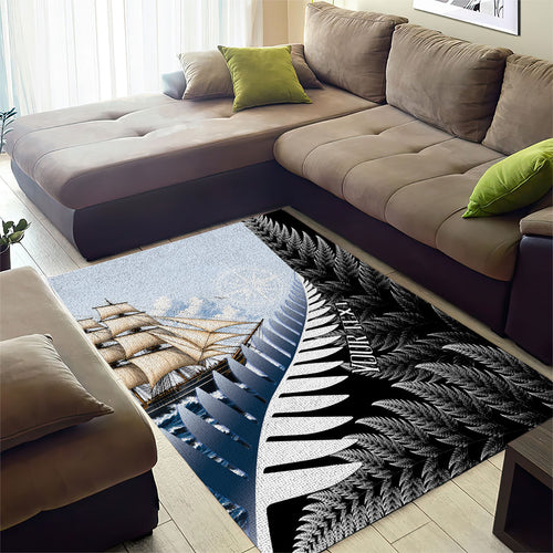 Personalised New Zealand Pakeha Area Rug Kiwi Silver Fern and Sailing Ship Compass
